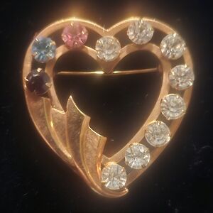 VTG Gold Filled 1/20 Rhinestone Studded 1.5" Catamore Signed Heart Brooch Pin
